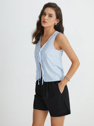 Blue Gingham Tie Front Top