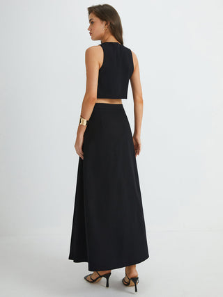 Plain Button Detail Top With Split Maxi Skirt Set