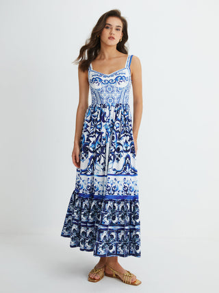 Print Strap Pleated Long Dress