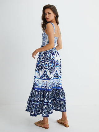 Print Strap Pleated Long Dress