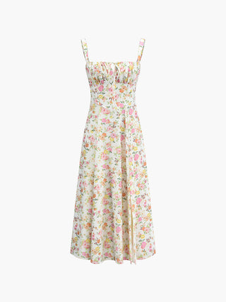 Robe longue plissée à motif floral avec nœud