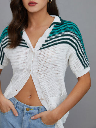 Contrast Crochet Pockets Short Sleeve Shirt