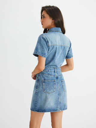 Denim Multi-Button Pockets Short Dress