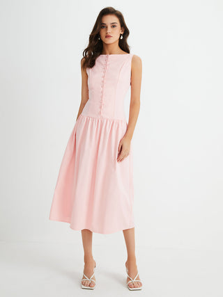 Robe midi plissée sans manches à boutons multiples