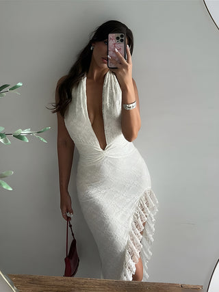 Robe en dentelle à ourlet asymétrique à volants bas et décolleté plongeant en halter