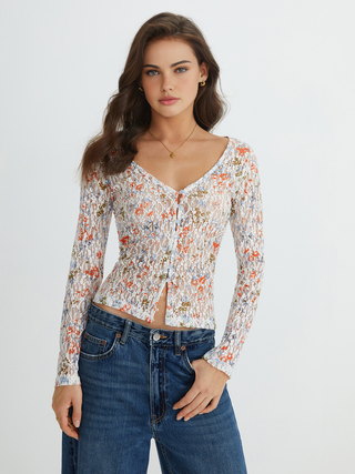 Semi-Sheer Jacquard Long Sleeve Shirt