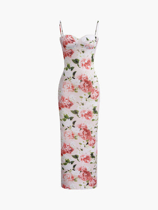 Robe longue ajustée à encolure cœur florale