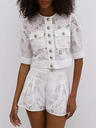 Multi-Button Embroidery Shorts Set