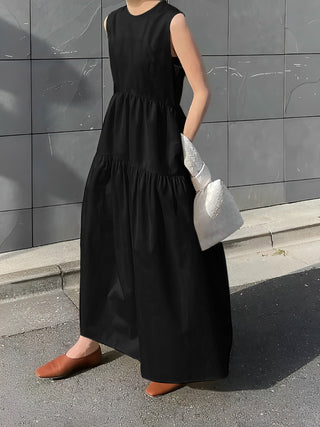 Solid Pockets Sleeveless Long Dress