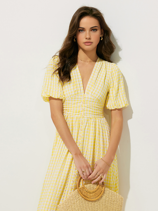 Robe midi à manches bouffantes à motif écossais et col en V