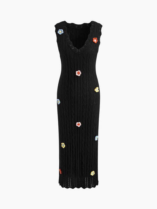 Floral Patched V Neck Knit Dress