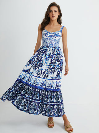 Print Strap Pleated Long Dress