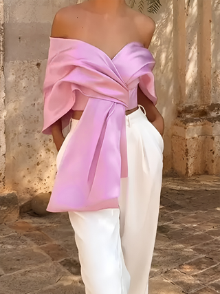 Satin Pleated Off Shoulder Top