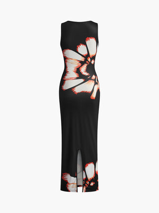 Floral Print Cutout Split Long Dress