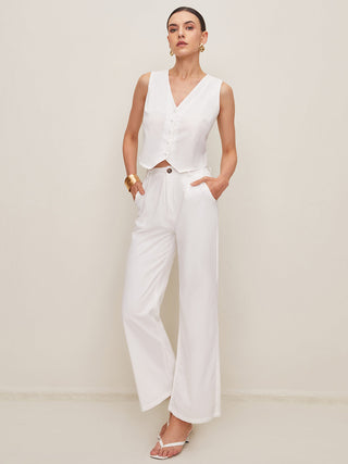 Button Down V-Neck Vest With Straight Leg Pants Set