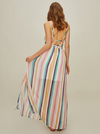 Robe longue fendue dos nu en V rayé