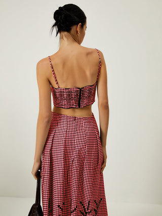 Plaid Print Embroidered Cutout Cami Long Dress