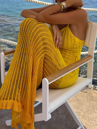 Robe midi à volants en tricot avec panneaux ajourés