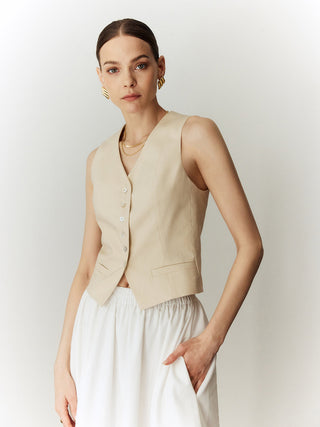 Cotton & Linen Solid V-Neck Vest