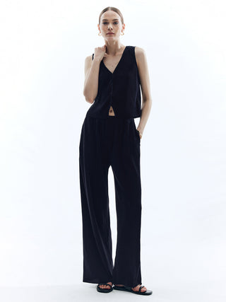 Satin Solid V-Neck Pants Set