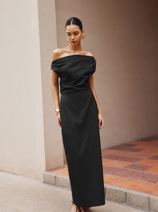 Robe à encolure asymétrique en coton et lin