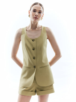 Woolen Button Split Pleated Vest