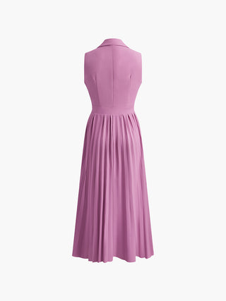 Pleated Shawl Neck Button Wrap Dress