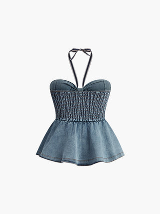 Denim Halter Pleated Tank Top