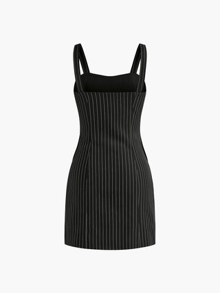 Metal Button Stripe Low Cut Dress