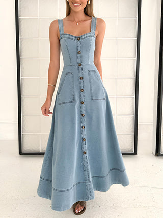 Denim Button Zipper Pockets Dress