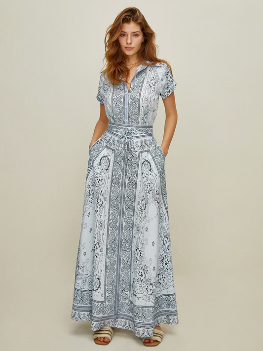 Print Turndown Collar Pockets Skirt Set