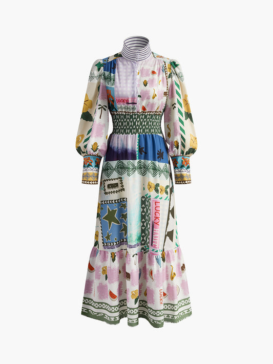 Print Stand Collar Shirred Dress