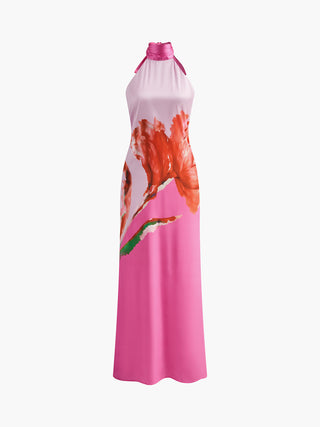 Robe dos nu en satin à motif floral