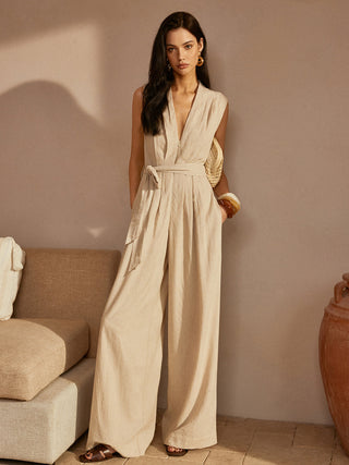 Belted Ruched V-Neck Jumpsuit