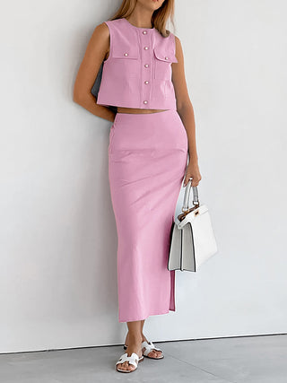 Split Pockets Sleeveless Skirt Set