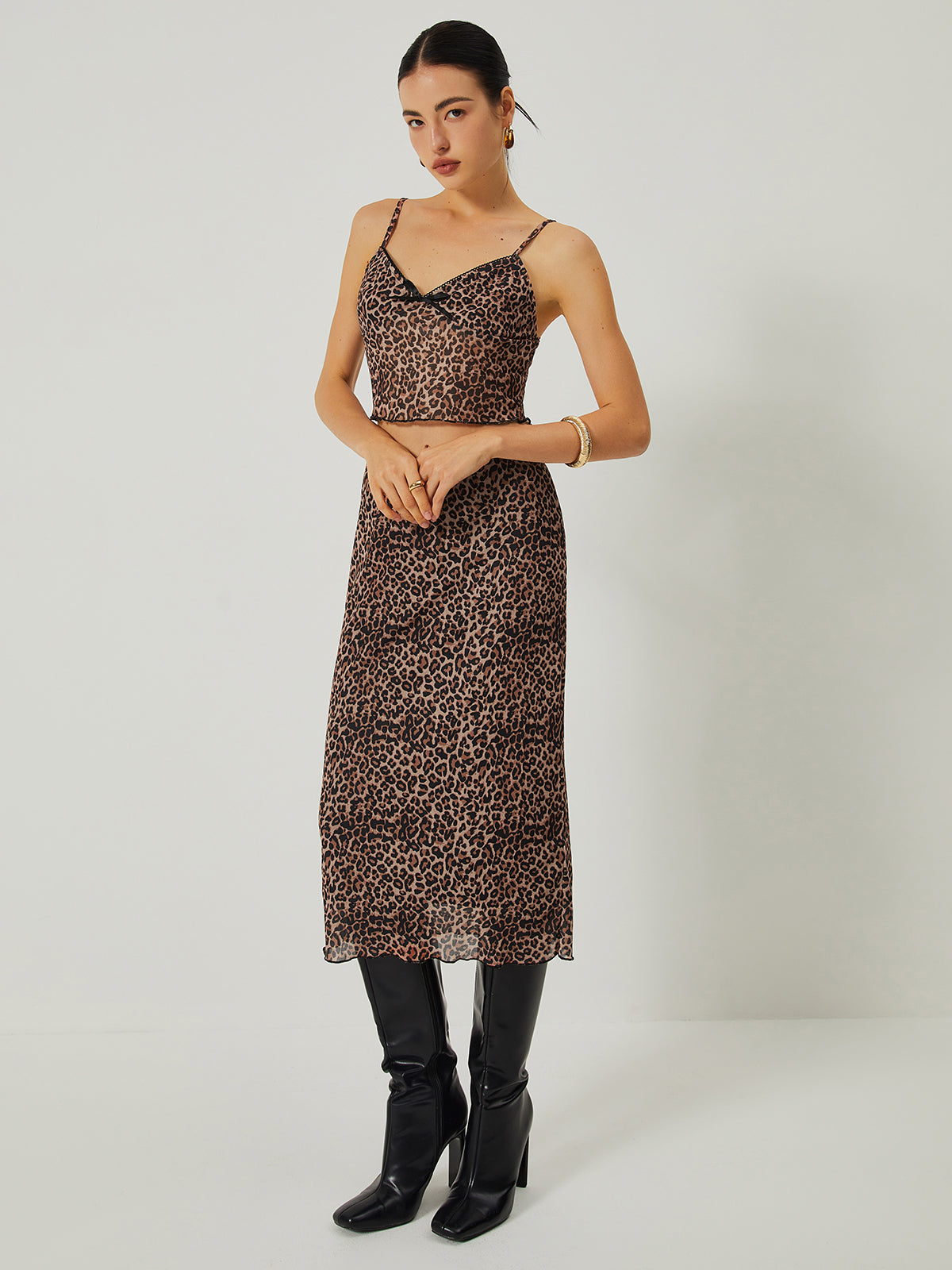 V-Neck Leopard Print Skirt Set