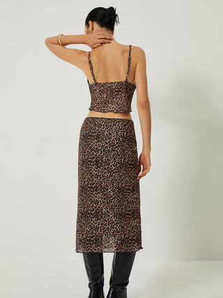 V-Neck Leopard Print Skirt Set