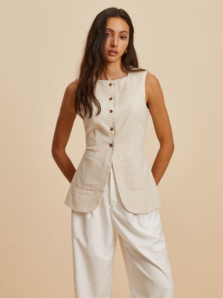 Linen Blend Pockets Vest