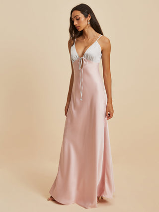 Bow Satin V-Neck Long Dress