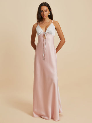 Bow Satin V-Neck Long Dress