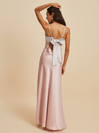 Bow Satin V-Neck Long Dress