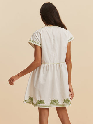 Embroidery V-Neck Cap Sleeve Dress