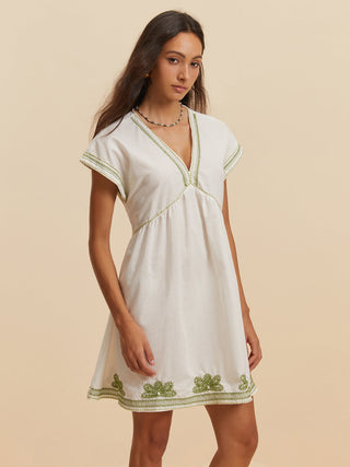 Embroidery V-Neck Cap Sleeve Dress