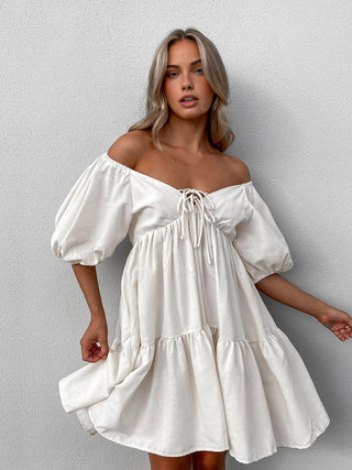 Robe à manches bouffantes en coton et lin