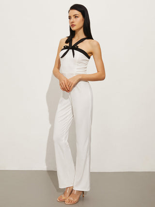 Contrast Trim Halter Bow Jumpsuit