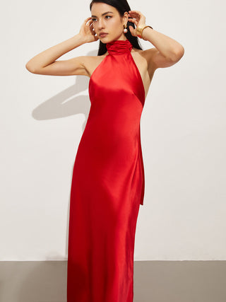 Satin Bow Backless Halter Dress