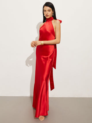 Satin Bow Backless Halter Dress