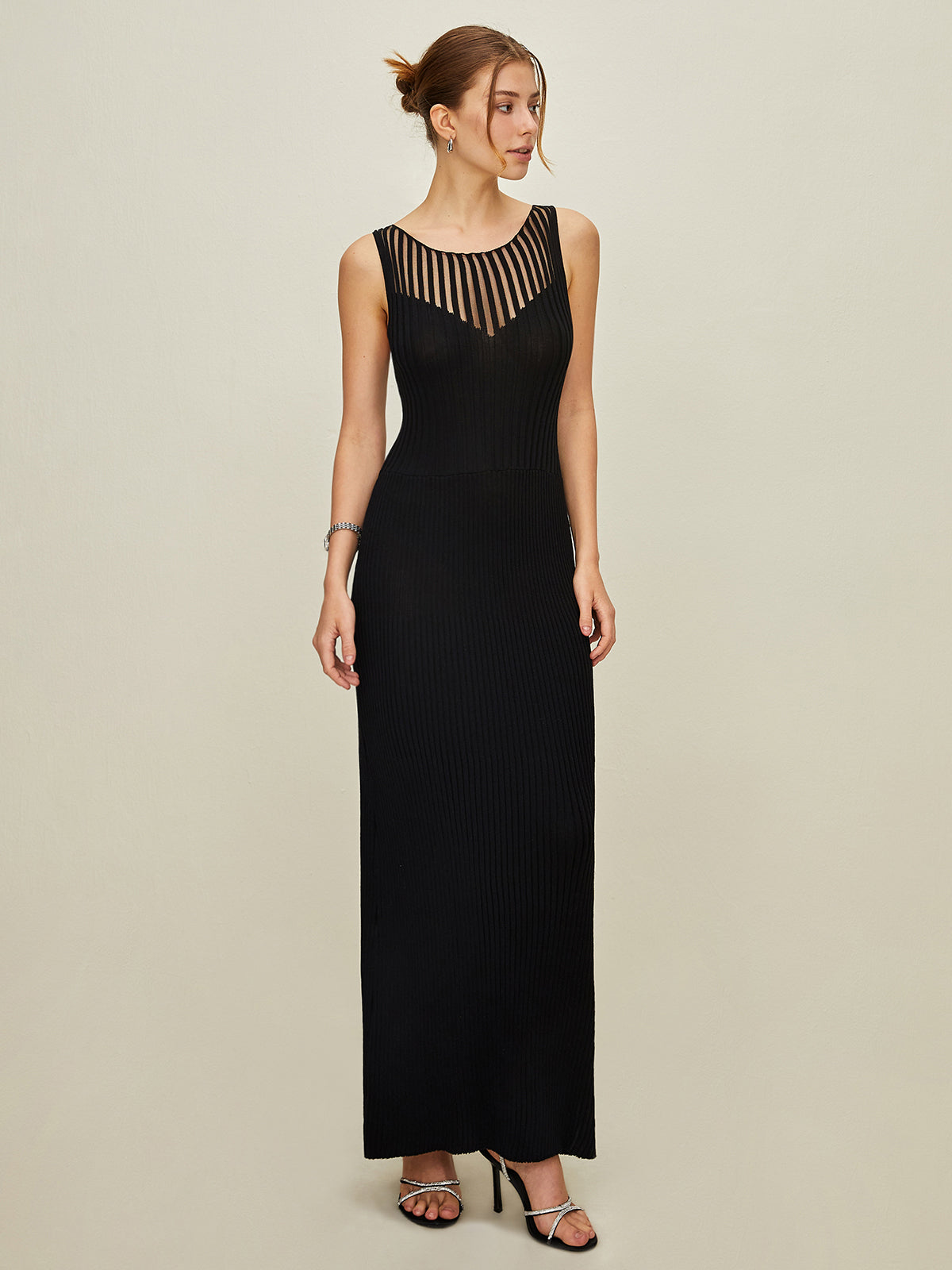 Rib-Knit Sleeveless Mesh Dress