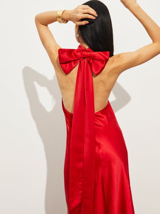 Satin Bow Backless Halter Dress