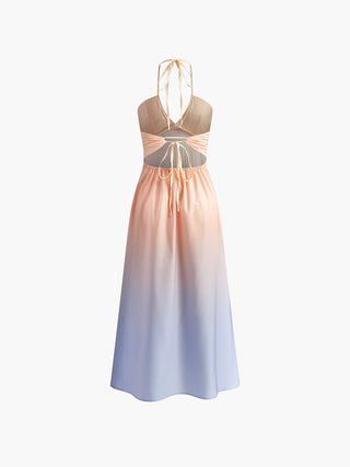 Pleated V-Neck Gradient Halter Dress